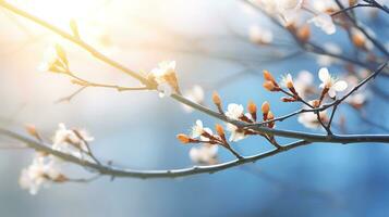 ai generado un árbol rama en temprano primavera con hinchado brotes, en el suave rayos de el Mañana Dom. ai generado. foto