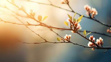 ai generado un árbol rama en temprano primavera con hinchado brotes, en el suave rayos de el Mañana Dom. ai generado. foto