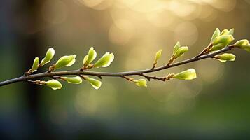 ai generado un árbol rama en temprano primavera con hinchado brotes, en el suave rayos de el Mañana Dom. ai generado. foto