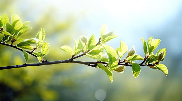 AI generated A tree branch in early spring with swollen buds, in the soft rays of the morning sun. AI generated. photo
