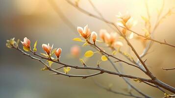 ai generado un árbol rama en temprano primavera con hinchado brotes, en el suave rayos de el Mañana Dom. ai generado. foto