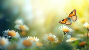 AI generated Beautiful butterfly close-up on a daisy flower in nature. Spring and summer background. AI-generated content. photo