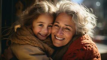 AI generated Grandmother and grandchild embrace warmly. Generative AI photo