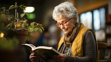 AI generated Retired woman in the library is reading a book intently in a quiet corner. Generative AI photo