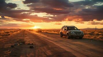 ai generado abandonado carros en filas a puesta de sol. generativo ai foto