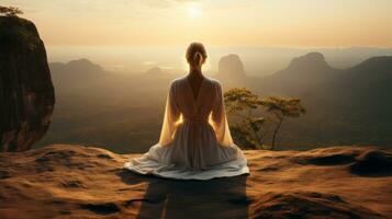 AI generated A woman meditating peacefully on a rock. Generative AI photo
