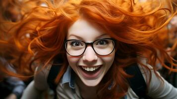 ai generado un mujer con rojo pelo y lentes vistiendo un sonrisa en su rostro. generativo ai foto