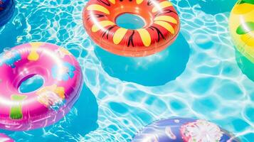 AI generated Many colorful inflatable rings floating in a pool, creating a vibrant and playful scene of summer fun. Generative AI photo