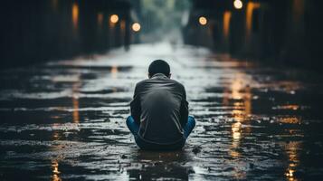 AI generated A man sitting helplessly on the ground in the rain. Generative AI photo