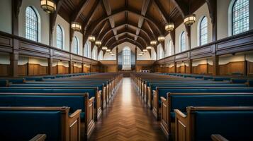 AI generated A church with rows of pews and windows, offering a serene place for worship and reflection. Generative AI photo