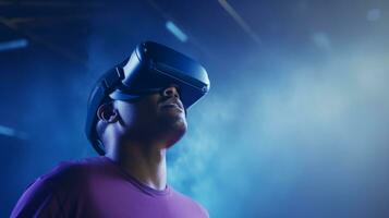 AI generated A man immersed in virtual reality with a headset on, experiencing a digital world. Generative AI photo