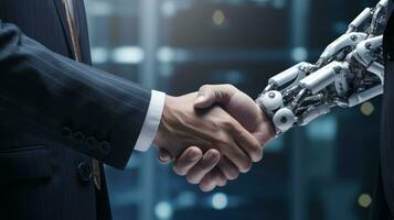 AI generated A man shaking hands with a robot, symbolizing the integration of technology into the business world. Generative AI photo