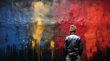 AI generated A man standing in front of a wall with paint dripping. Generative AI photo
