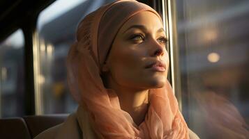 AI generated Young Muslim woman looking out of the public bus window. Generative AI photo