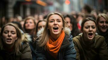 ai generado personas caminando en el calle gritos para un objetivo. generativo ai foto