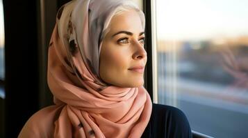 AI generated Young Muslim woman looking out of the public bus window. Generative AI photo