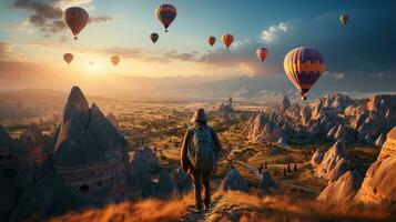 ai generado turista niña mirando a el cielo lleno de globos en el Capadocia montaña cima. generativo ai foto