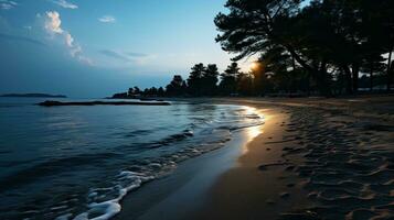 ai generado un tranquilo junto a la playa ver a puesta de sol. generativo ai foto