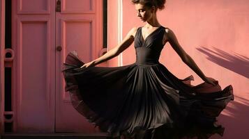 ai generado joven bailarín mujer en negro vestir ensaya su se mueve en el calle. generativo ai foto