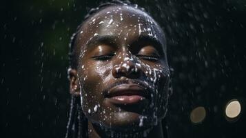 ai generado hermoso joven africano americano hombre tomando bañera con espuma en negro antecedentes. generativo ai foto
