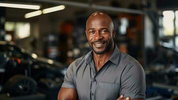 AI generated Young professional mechanic master representing expertise and friendliness in an auto repair shop. Generative AI photo