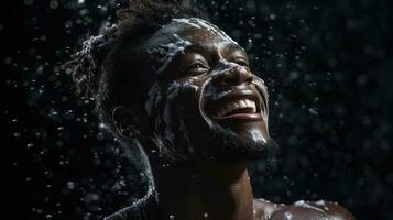 ai generado hermoso joven africano americano hombre tomando bañera con espuma en negro antecedentes. generativo ai foto