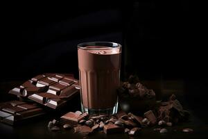 Chocolate milk in glass and chocolate pieces on dark background photo