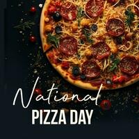 National Pizza Day template with delicious pizza on black photo