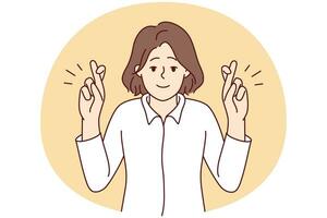 Smiling young woman cross fingers make wish. Happy female do hand gesture ask or hope for best. Vector illustration.