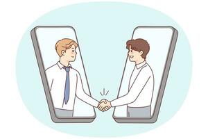 Smiling businessmen shake hands on smartphone screens close deal online. Happy business partners handshake make agreement on internet. Remote business. Vector illustration.