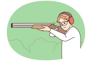 Man in headphones and glasses shoot with rifle in shooting gallery. Guy with weapon in hands hunting in park. Vector illustration.