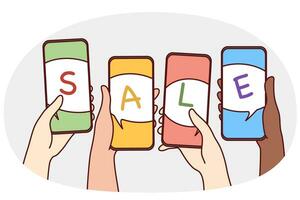 Hands of people holding smartphones with sale announcement or notification on screen. Concept of seasonal promotion and discount and online shopping. Vector illustration.