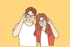 hombre y mujer en los anteojos a mejorar o correcto visión, estar en casual ropa y Mira a pantalla. contento joven Pareja recomienda viendo oftalmólogo o visitando Tienda con los anteojos y lentes vector