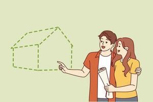 Couple visualizes buying new house with mortgage or renting large apartment in good neighborhood. Young happy man and woman smiling planning to build eco house for family life together vector