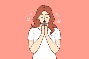 Praying woman performs meditation or religious ritual to purify thoughts and get rid of bad emotions. Casual girl stands with eyes closed and does meditation to achieve balance between body and soul vector