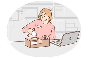 Woman employee work with scanner at warehouse. Smiling female worker packing parcels at storehouse or depot. Occupation. Vector illustration.