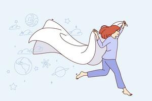 Little girl dreams while sleeps and runs with blanket in hands among space scenery. Carefree teen child sleeps and dreams of traveling galaxy or working in space exploration industry. vector