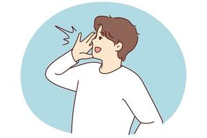 Smiling young man make hand gesture with hands screaming or making announcement. Happy guy yell or shout news to public. Vector illustration.