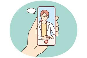 Hand holding cellphone have online consultation with doctor. Person talk on video call with GP in smartphone. Remote consulting. Vector illustration.