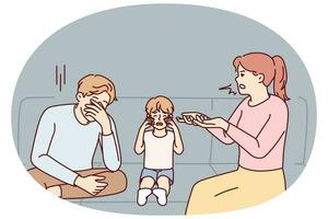 Unhappy kid crying because of parents arguing and fighting. Upset distressed child suffer from mother and father quarrelling. Vector illustration.