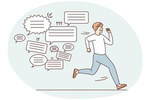 Unhappy stressed man running from messages and text notices. Anxious guy quit notifications feel annoyed and overwhelmed with spam. Vector illustration.