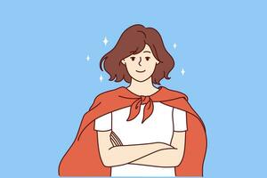 Woman in superhero cape stands with arms crossed and confidently looks at screen, feeling strength to complete complex tasks. Superhero girl smiles, proud of own merits and professional skills. vector