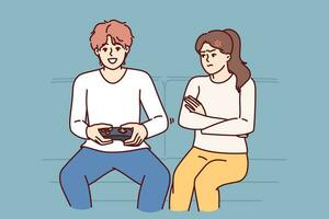 Woman is angry at husband who plays video game and does not want to do housework. Disgruntled girl sits on couch near boyfriend who is keen on video game, persuading him to go for walk vector