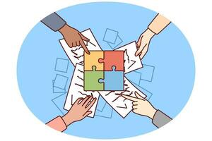 Businesspeople join jigsaw puzzles together engaged in team work in office. Employee cooperate solve busyness problems find solution. Teamwork. Vector illustration.