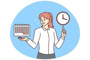 Smiling businesswoman hold finished schedule point at clock. Happy woman employee with good time management skills finish tasks on plan. Vector illustration.