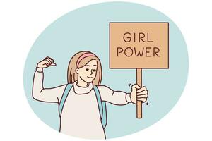 Woman feminist demonstrates sign with text girl power fighting for female rights. Vector image