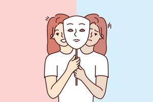 Woman suffers from bipolar disorder and problems due to sharp change in bad and good mood and holds mask. Girl with bipolar disorder is looking for help from psychologist to deal with frustration vector