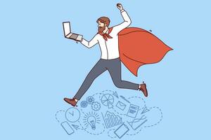 Business man in superhero cape holds laptop and rejoices at team corporate achievements. Manager with leadership qualities near symbols of productive work and successful completion of business tasks vector