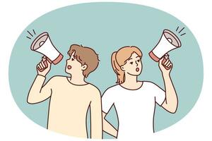 Man and woman shouting in loudspeaker to invite to event or make announcement. Vector image