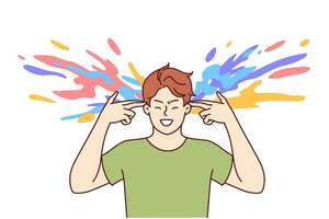 Man with creative thinking makes gesture of gun near head and colorful splashes, for concept of brainstorming. Positive guy coming up with ideas and brainstorming during rush of inspiration vector